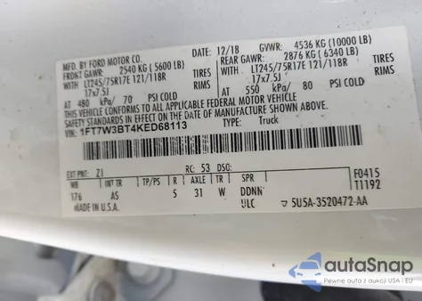 2019 Ford F-350 Xl из США, поврежденный, VIN 1FT7W3BT4KED68113